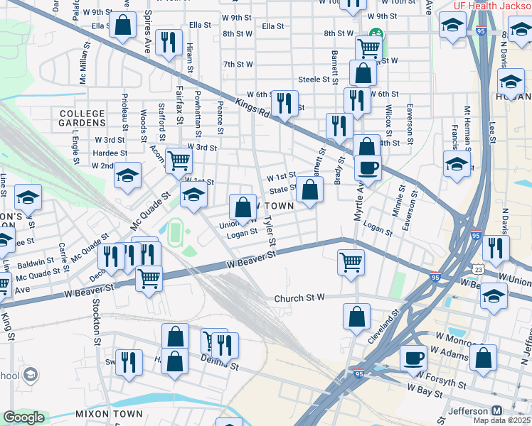 map of restaurants, bars, coffee shops, grocery stores, and more near 1492 Union Street West in Jacksonville