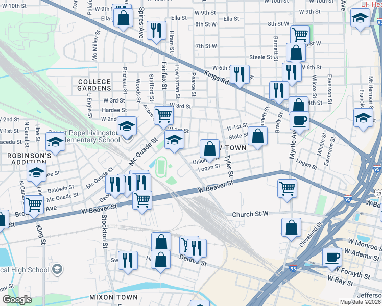 map of restaurants, bars, coffee shops, grocery stores, and more near 1645 Union Street West in Jacksonville