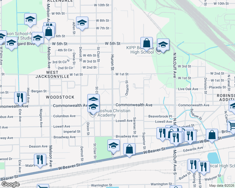 map of restaurants, bars, coffee shops, grocery stores, and more near 1025 Huron Street in Jacksonville