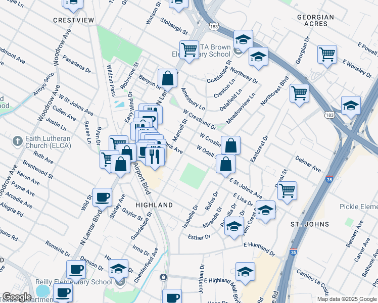 map of restaurants, bars, coffee shops, grocery stores, and more near 513 West Saint Johns Avenue in Austin