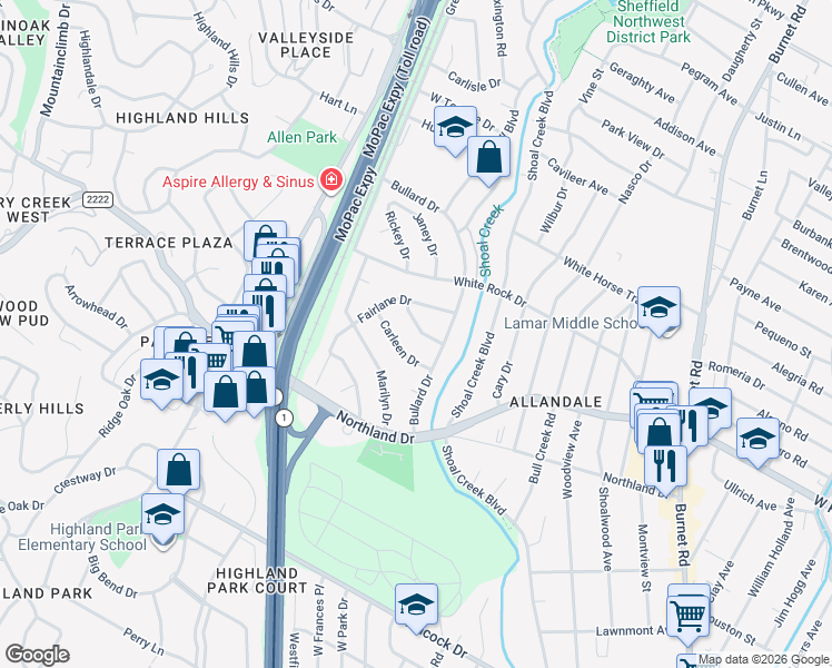 map of restaurants, bars, coffee shops, grocery stores, and more near 5907 Carleen Drive in Austin