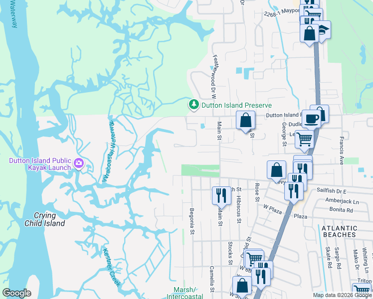 map of restaurants, bars, coffee shops, grocery stores, and more near 770 Paradise Lane in Atlantic Beach