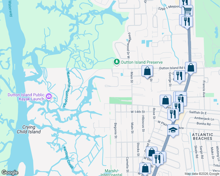 map of restaurants, bars, coffee shops, grocery stores, and more near 770 Paradise Lane in Atlantic Beach