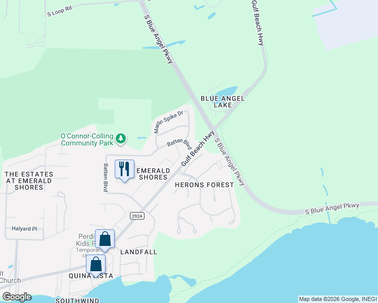 map of restaurants, bars, coffee shops, grocery stores, and more near 501 Batten Boulevard in Pensacola