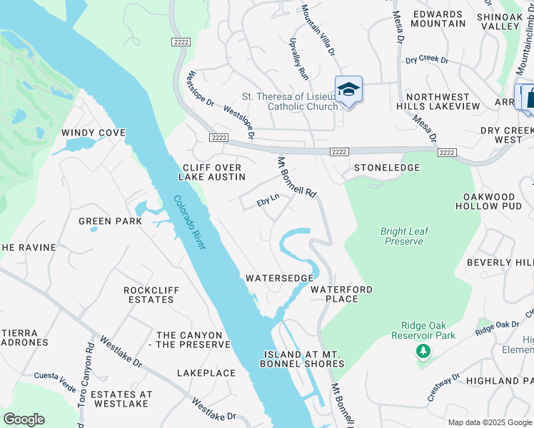 map of restaurants, bars, coffee shops, grocery stores, and more near Odessa Lane in Austin