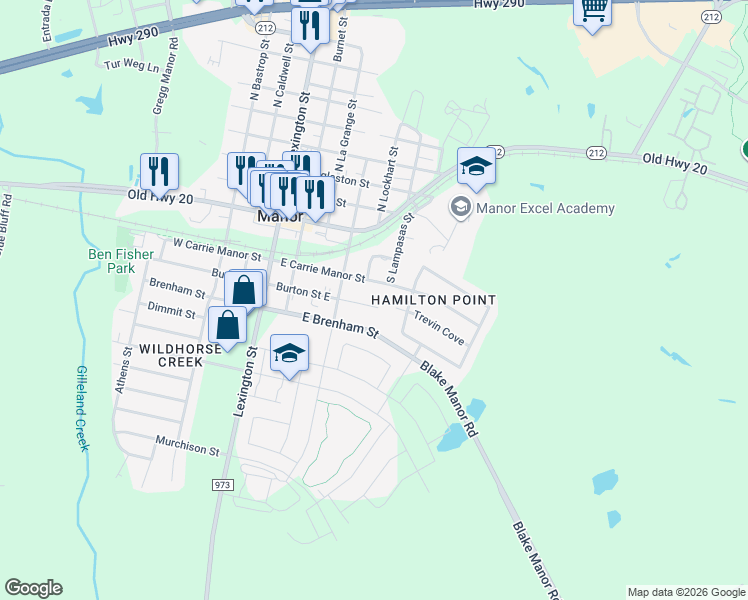 map of restaurants, bars, coffee shops, grocery stores, and more near 504 South Burnet Street in Manor