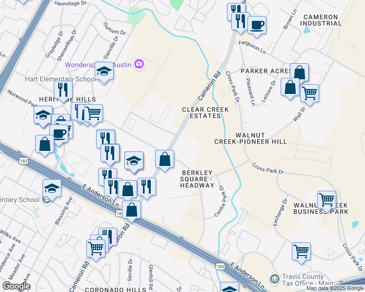 map of restaurants, bars, coffee shops, grocery stores, and more near Unnamed Road in Austin
