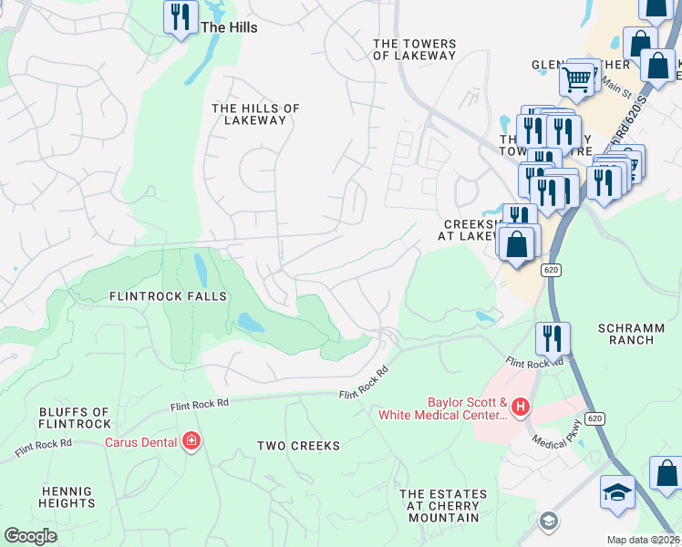 map of restaurants, bars, coffee shops, grocery stores, and more near 105 Neville Wood Court in Austin