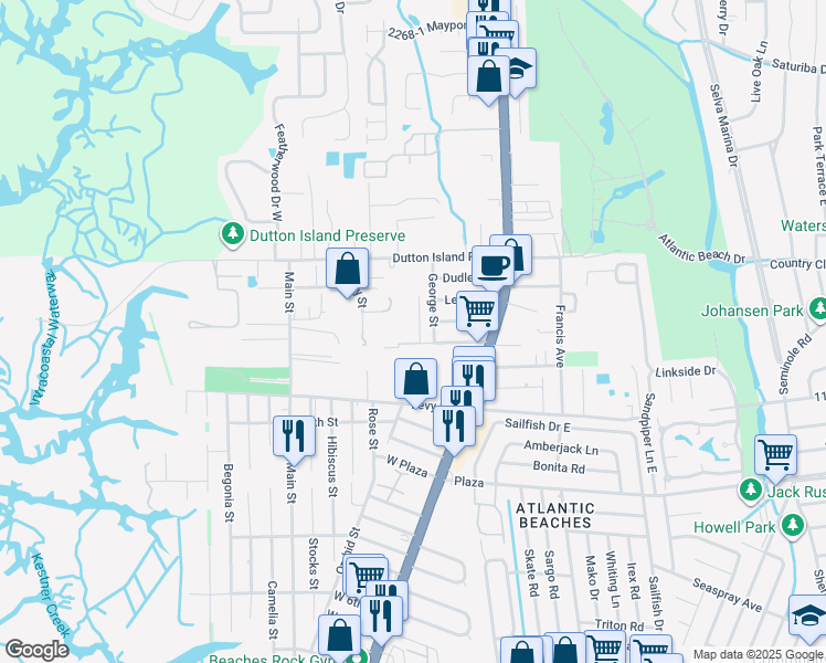 map of restaurants, bars, coffee shops, grocery stores, and more near 1930 Park Street in Atlantic Beach