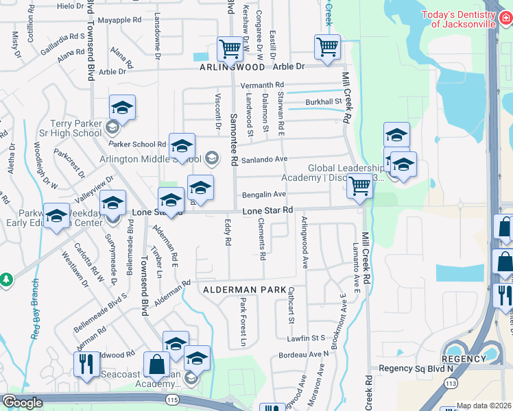 map of restaurants, bars, coffee shops, grocery stores, and more near 8340 Lone Star Road in Jacksonville