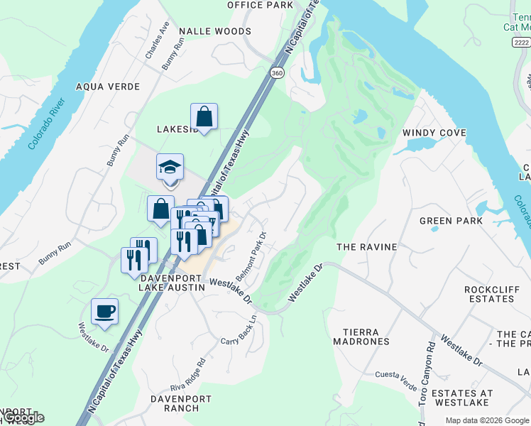 map of restaurants, bars, coffee shops, grocery stores, and more near 5903 Saratoga Cove in Austin