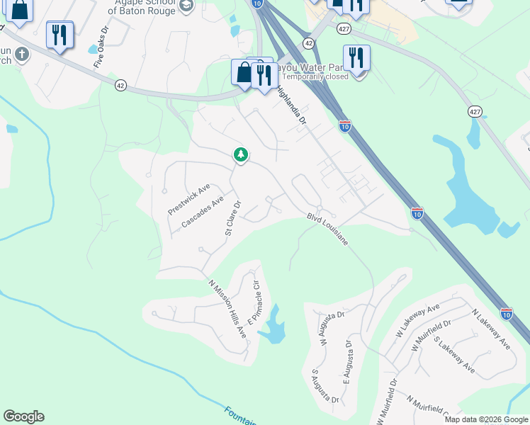 map of restaurants, bars, coffee shops, grocery stores, and more near 17912 Grand Cypress Creek Avenue in Baton Rouge