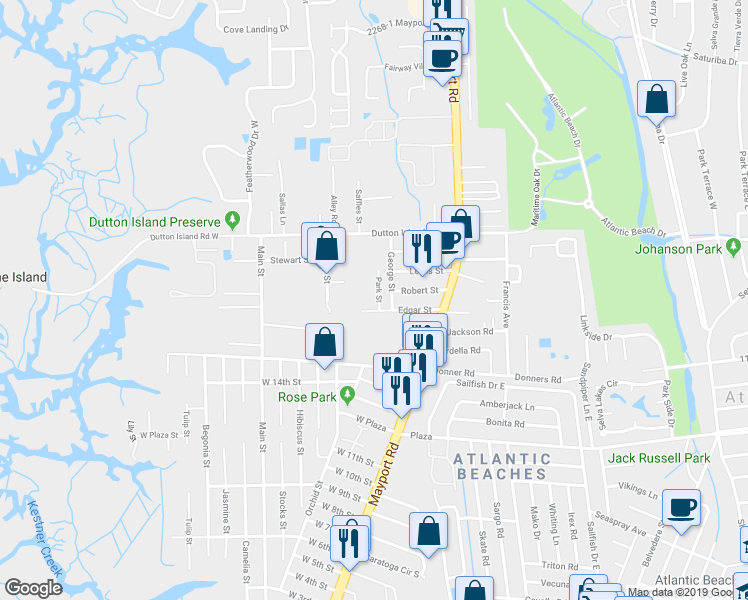 map of restaurants, bars, coffee shops, grocery stores, and more near 1810 Park Street in Atlantic Beach