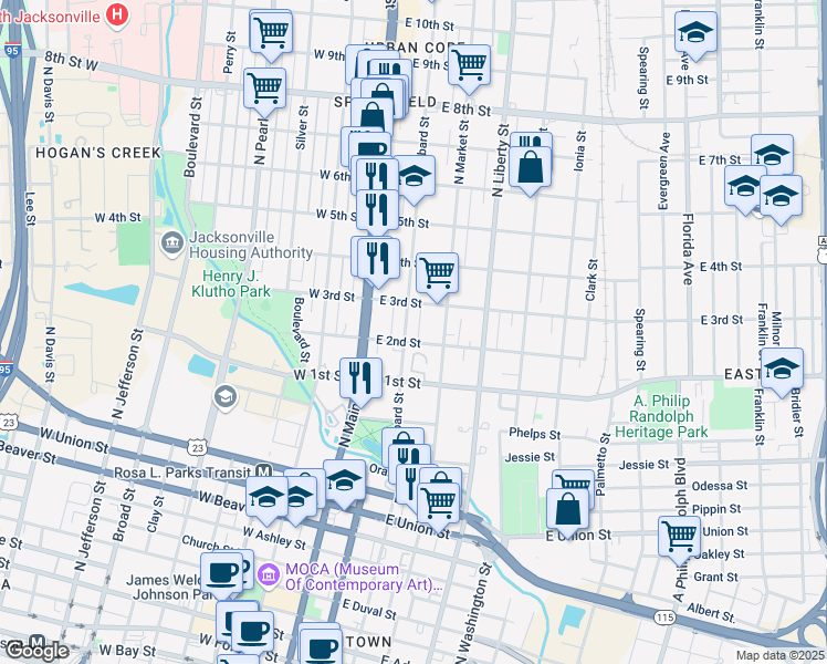 map of restaurants, bars, coffee shops, grocery stores, and more near 130 East 2nd Street in Jacksonville