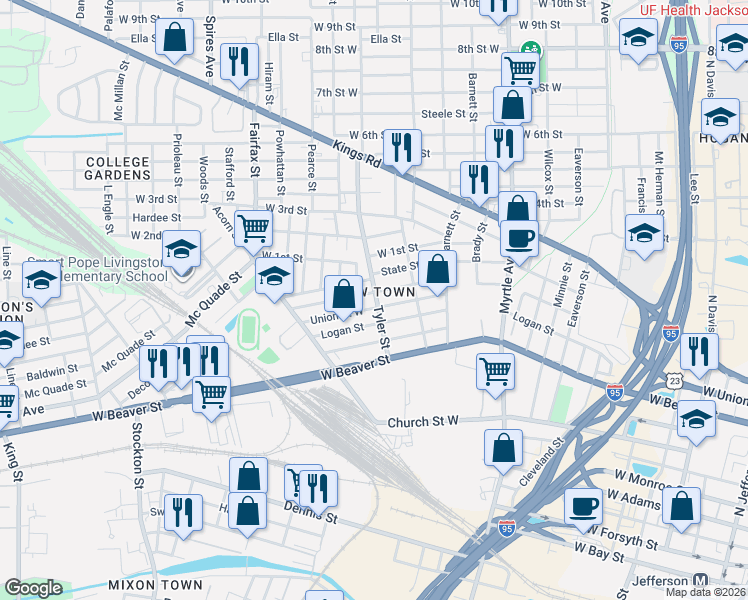 map of restaurants, bars, coffee shops, grocery stores, and more near 1492 Union Street West in Jacksonville