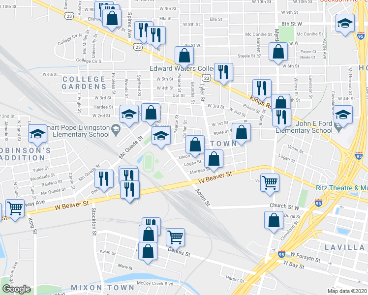 map of restaurants, bars, coffee shops, grocery stores, and more near 1645 Union Street West in Jacksonville