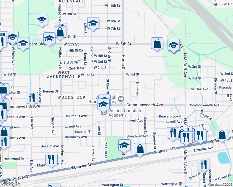 map of restaurants, bars, coffee shops, grocery stores, and more near 1027 Saint Clair Street in Jacksonville