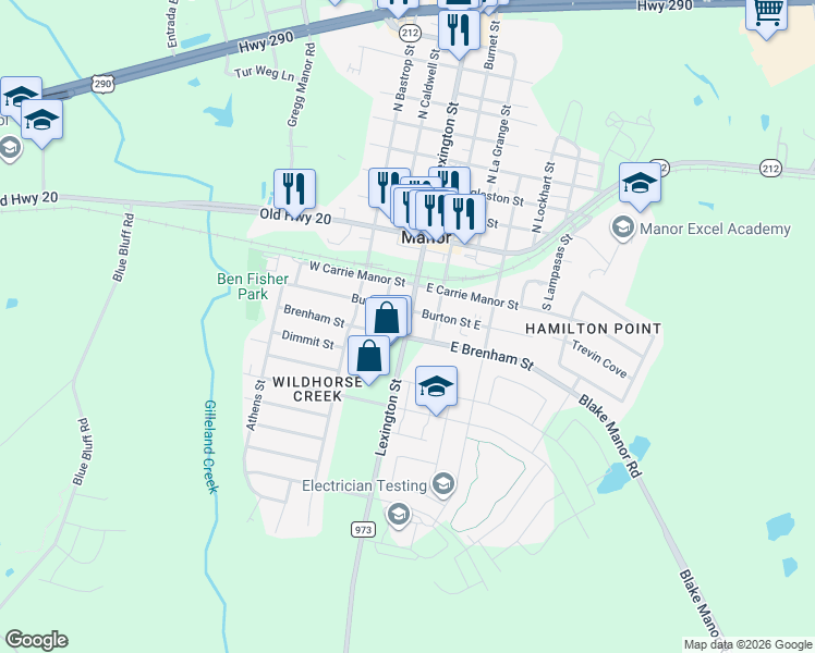 map of restaurants, bars, coffee shops, grocery stores, and more near 355 Farm to Market Road 973 in Manor