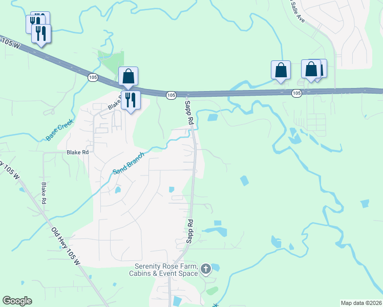 map of restaurants, bars, coffee shops, grocery stores, and more near 1688 Sapp Road in Conroe
