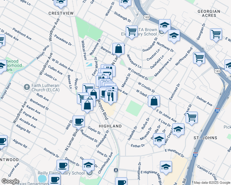 map of restaurants, bars, coffee shops, grocery stores, and more near 610 Kawnee Drive in Austin
