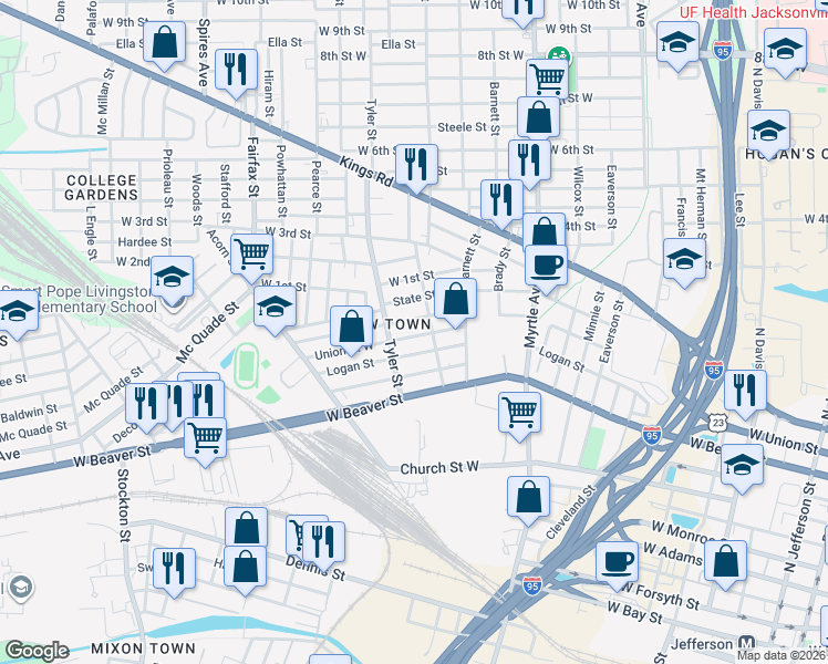 map of restaurants, bars, coffee shops, grocery stores, and more near 1492 Union Street West in Jacksonville