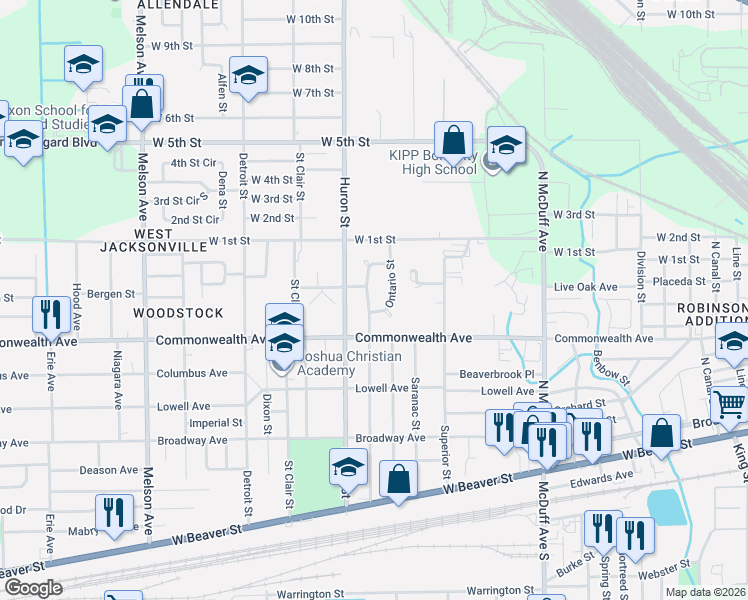 map of restaurants, bars, coffee shops, grocery stores, and more near 1011 Ontario Street in Jacksonville