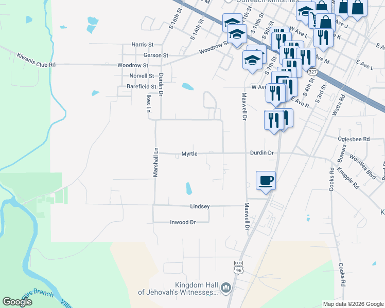 map of restaurants, bars, coffee shops, grocery stores, and more near 625 Myrtle in Silsbee
