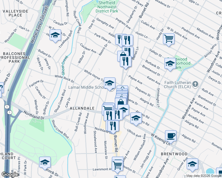 map of restaurants, bars, coffee shops, grocery stores, and more near 6201 Wynona Avenue in Austin