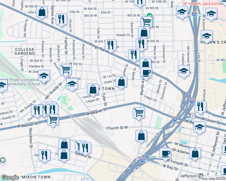 map of restaurants, bars, coffee shops, grocery stores, and more near 803 Rushing Street in Jacksonville