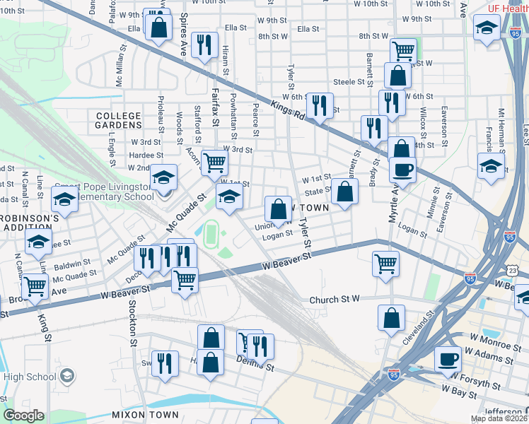 map of restaurants, bars, coffee shops, grocery stores, and more near 1645 Union Street West in Jacksonville