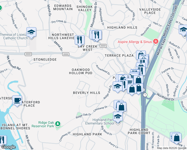 map of restaurants, bars, coffee shops, grocery stores, and more near 5322 Western Hills Drive in Austin