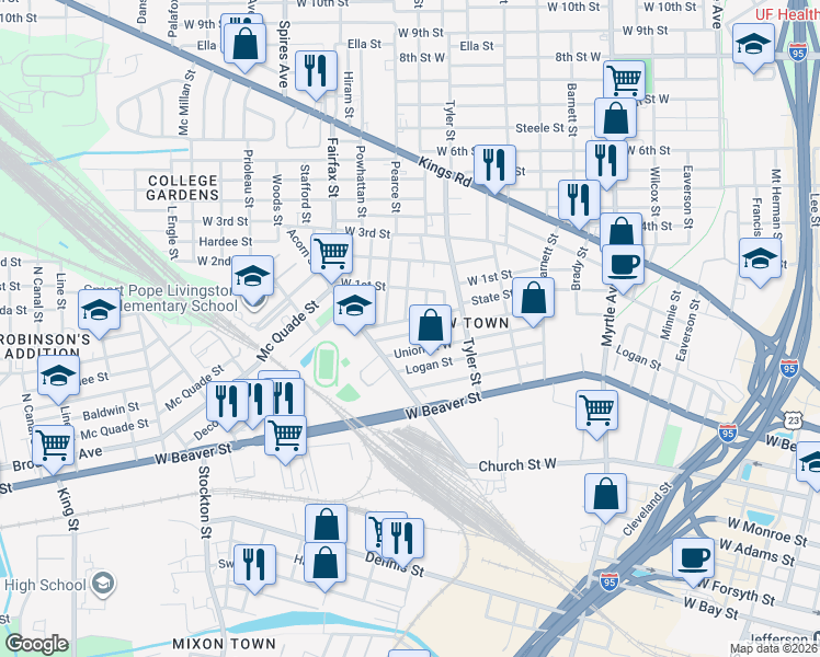 map of restaurants, bars, coffee shops, grocery stores, and more near 1645 Union Street West in Jacksonville