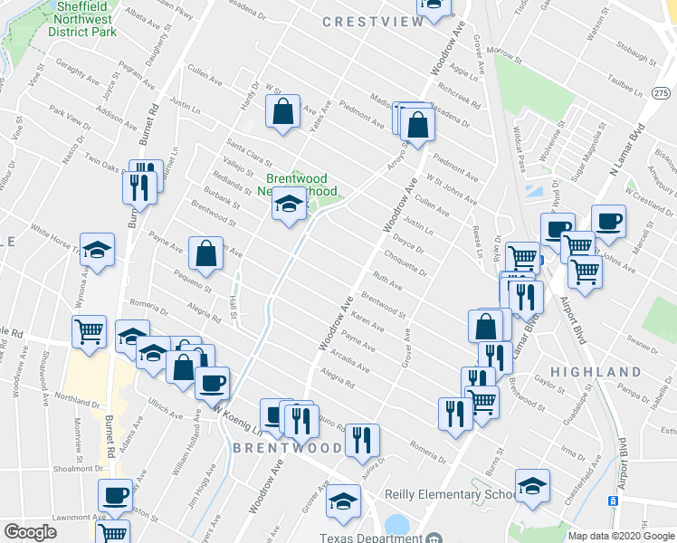 map of restaurants, bars, coffee shops, grocery stores, and more near 1409 Brentwood Street in Austin