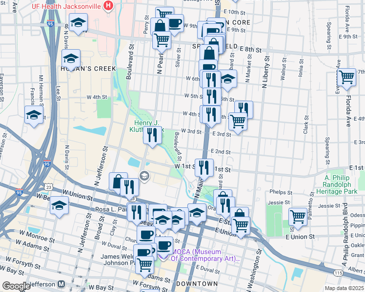 map of restaurants, bars, coffee shops, grocery stores, and more near 1140 North Laura Street in Jacksonville