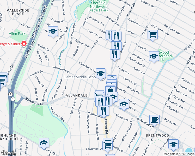 map of restaurants, bars, coffee shops, grocery stores, and more near 6106 Wynona Avenue in Austin