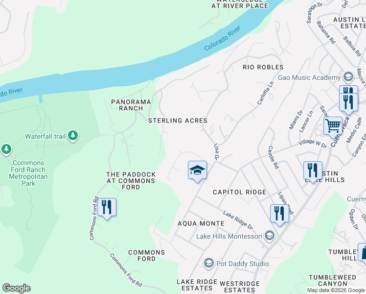 map of restaurants, bars, coffee shops, grocery stores, and more near 10409 Jennys Jump Drive in Austin