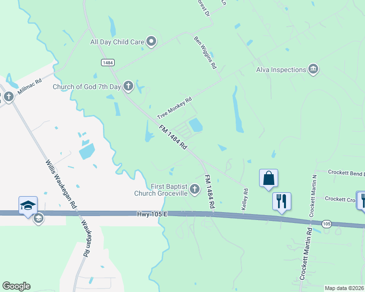 map of restaurants, bars, coffee shops, grocery stores, and more near 18994 FM 1484 Road in Conroe