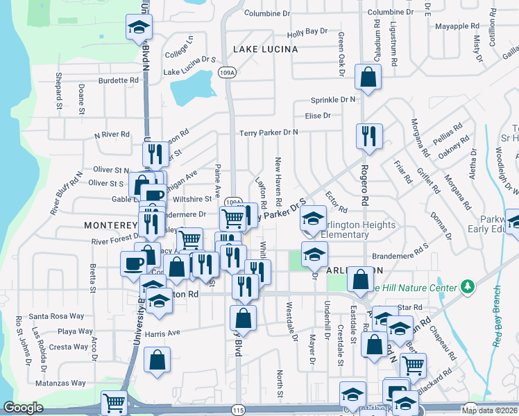 map of restaurants, bars, coffee shops, grocery stores, and more near 6024 Terry Parker Drive South in Jacksonville