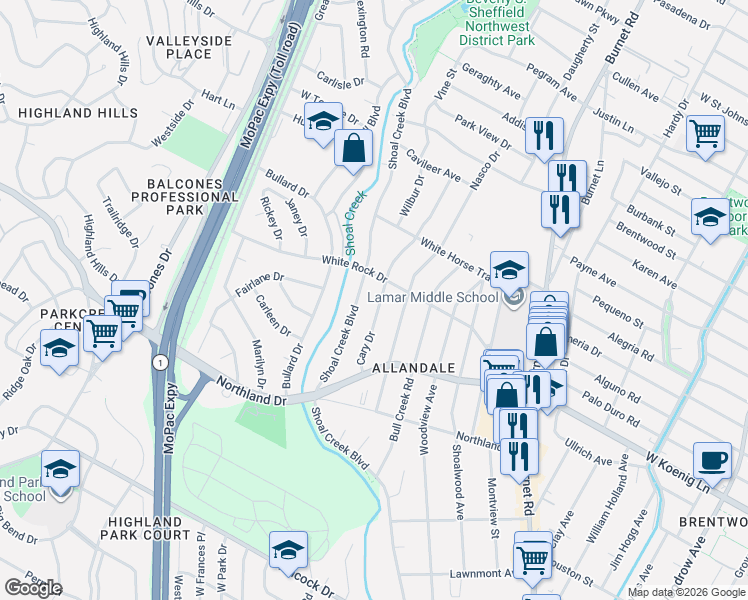 map of restaurants, bars, coffee shops, grocery stores, and more near 6004 Cary Drive in Austin
