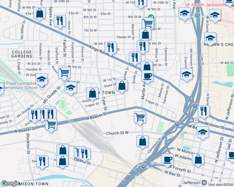 map of restaurants, bars, coffee shops, grocery stores, and more near 803 Rushing Street in Jacksonville
