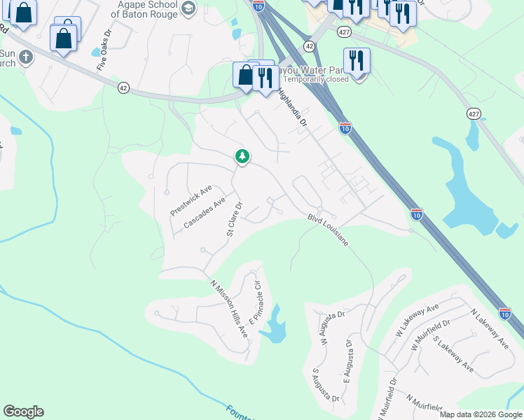 map of restaurants, bars, coffee shops, grocery stores, and more near 17912 Grand Cypress Creek Avenue in Baton Rouge