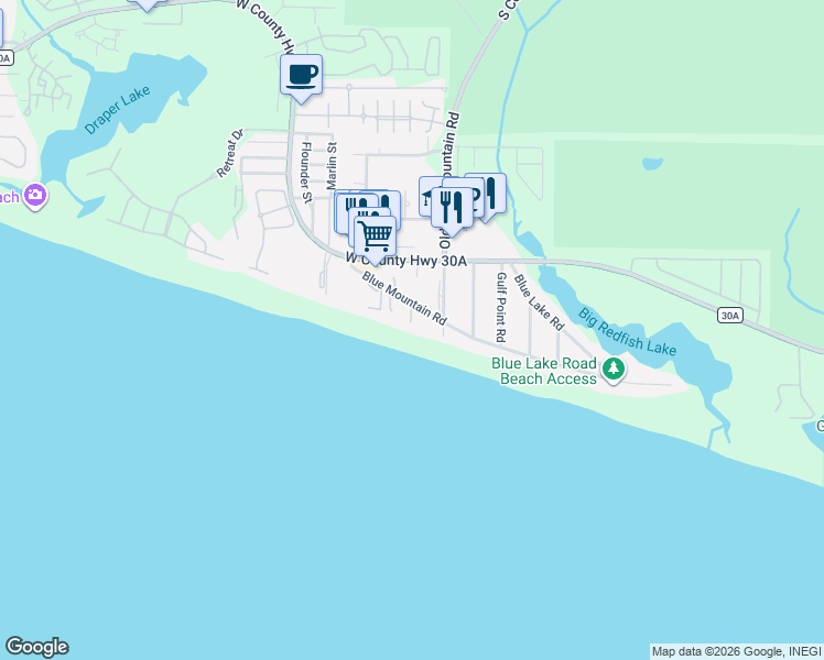 map of restaurants, bars, coffee shops, grocery stores, and more near 248 Blue Mountain Road in Santa Rosa Beach