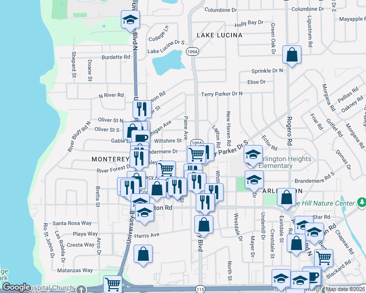 map of restaurants, bars, coffee shops, grocery stores, and more near 1626 Paine Avenue in Jacksonville