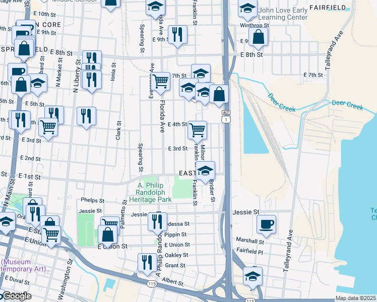 map of restaurants, bars, coffee shops, grocery stores, and more near 1142 Harrison Street in Jacksonville