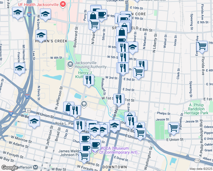 map of restaurants, bars, coffee shops, grocery stores, and more near 1140 North Laura Street in Jacksonville