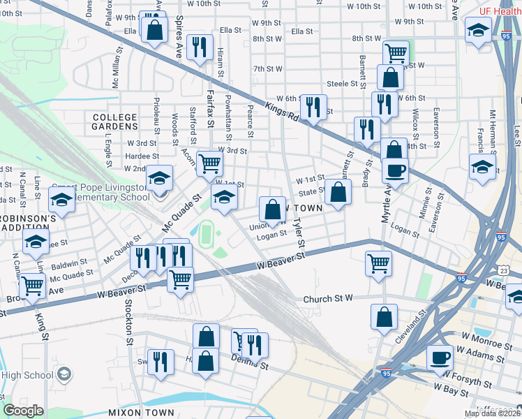 map of restaurants, bars, coffee shops, grocery stores, and more near 1645 Union Street West in Jacksonville