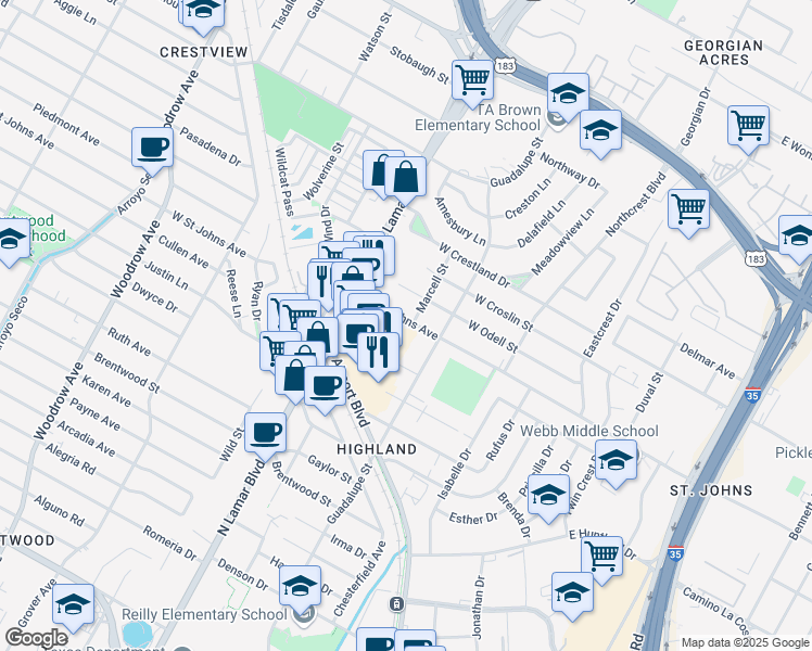 map of restaurants, bars, coffee shops, grocery stores, and more near 610 Kawnee Drive in Austin