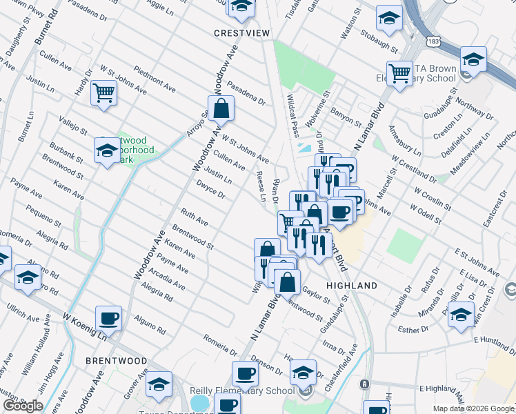map of restaurants, bars, coffee shops, grocery stores, and more near 1003 Justin Lane in Austin