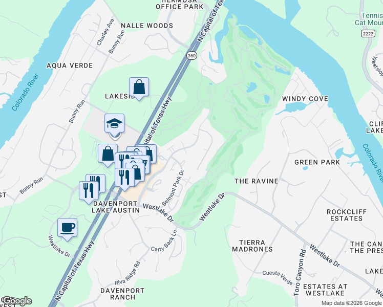 map of restaurants, bars, coffee shops, grocery stores, and more near 5902 Saratoga Cove in Austin