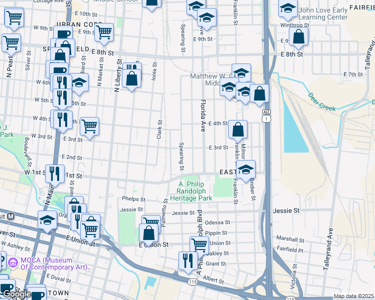 map of restaurants, bars, coffee shops, grocery stores, and more near 1120 Evergreen Avenue in Jacksonville